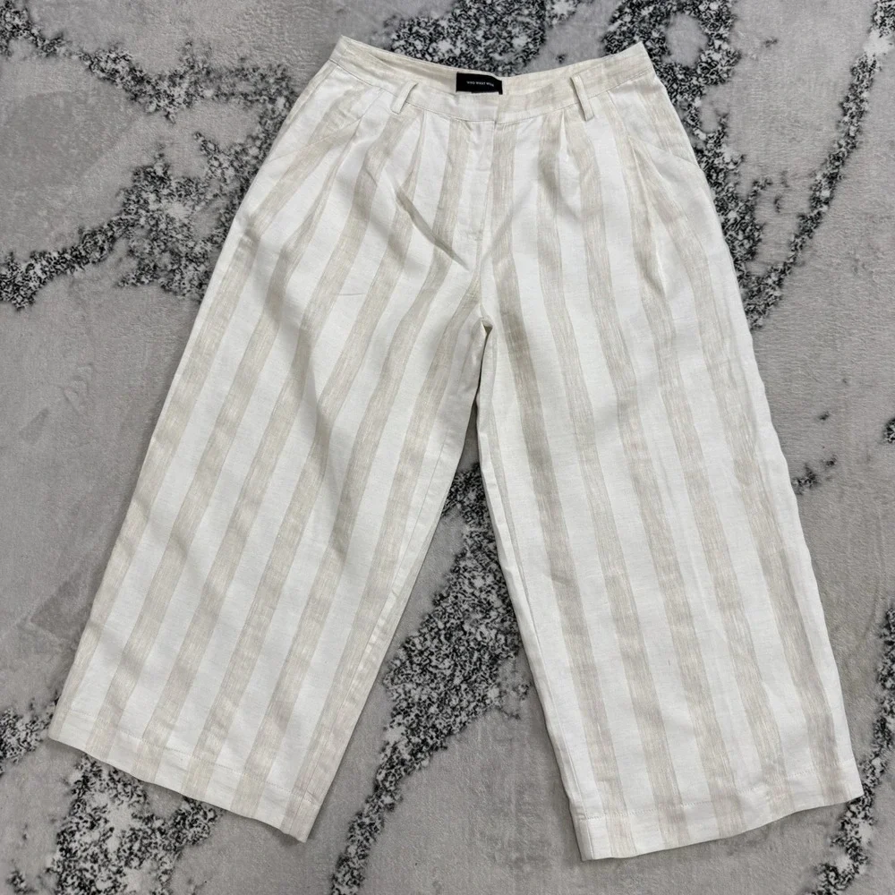 Who What Wear Linen Blend Pants Women 8 Wide Leg Cropped Striped Beige High Rise - Picture 1 of 14